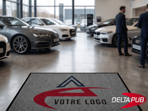 Tapis d'entrée personnalisé r-PET à l'entrée d'un showroom de concession automobile.