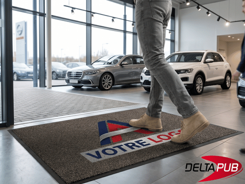 Client entrant dans un showroom automobile sur un tapis personnalisé avec logo.